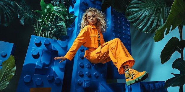 a woman in an orange jumpsuit sits on a blue structure