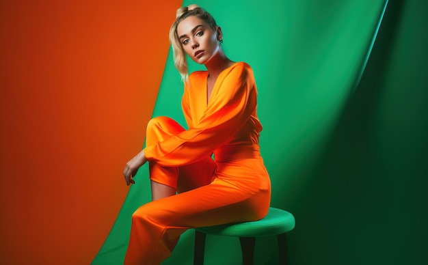 A woman in an orange jumpsuit sits on a stool in front of a green wall.