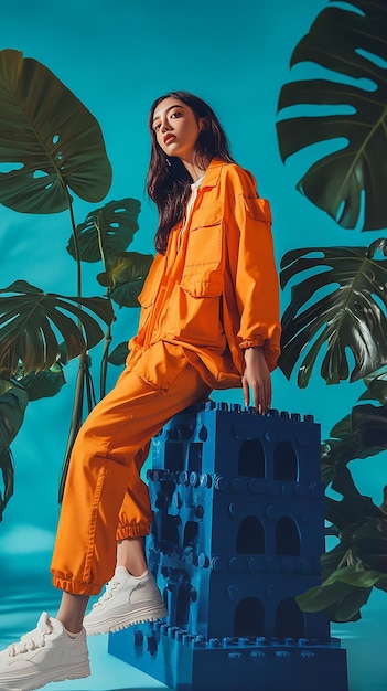 a woman in an orange jumpsuit stands in front of a blue building