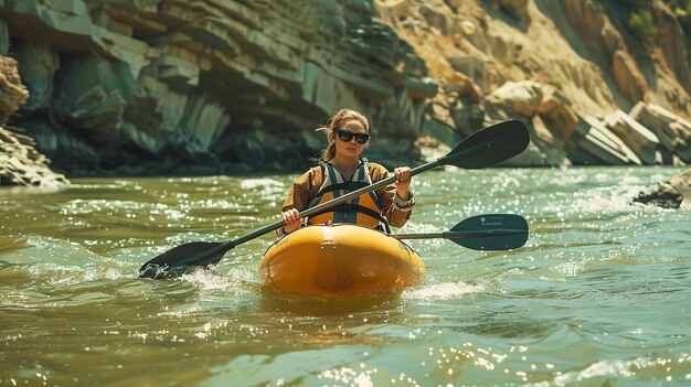 Photo a woman in an orange kayak is holding a paddle and a kayak with a yellow paddle