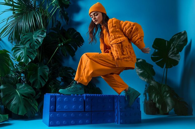 a woman in an orange outfit is on a blue platform with a plant in the background