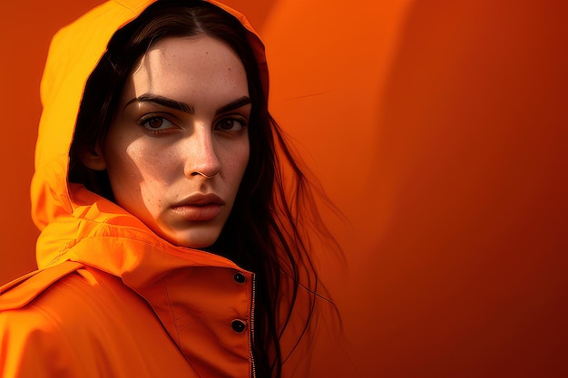 A woman in an orange raincoat with a red umbrella