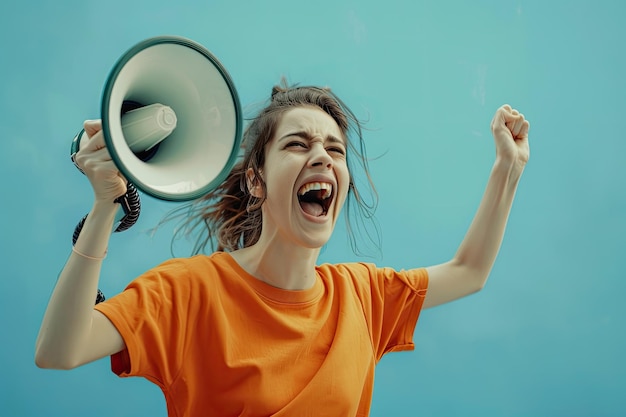 Photo a woman in an orange shirt on a blue background shouts joyfully into a megaphone place for text