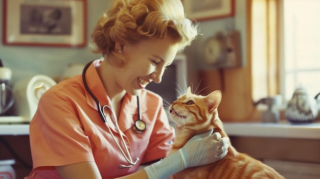 Woman in Orange Shirt Petting Cat