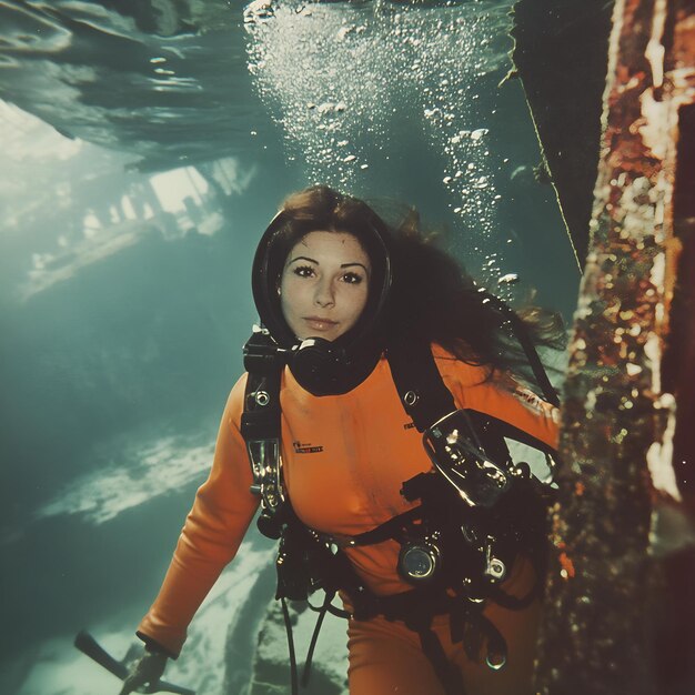 Photo a woman in an orange suit is standing in the water