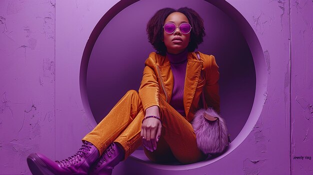 Photo woman in orange suit posing in purple room