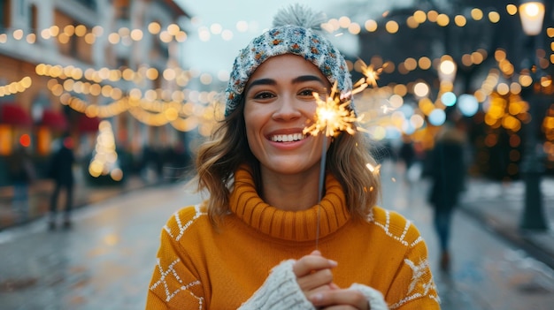 Photo a woman in an orange sweater holds a scarf with sparklers in the background