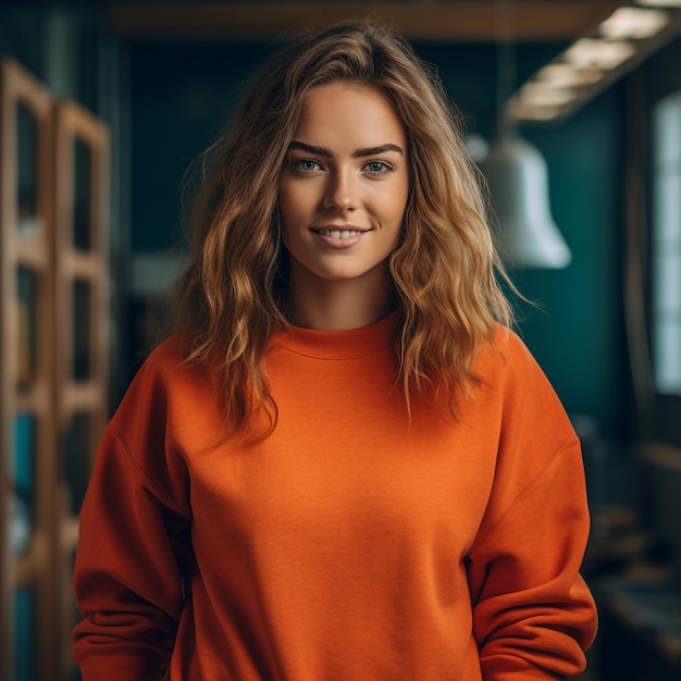 A woman in an orange sweater is smiling and wearing a blue eye shadow.