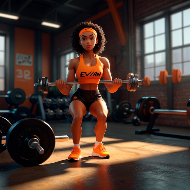 a woman in an orange tank top is holding a barbell with the word e