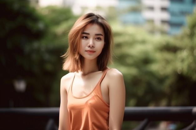 A woman in an orange tank top stands in front of a tree.