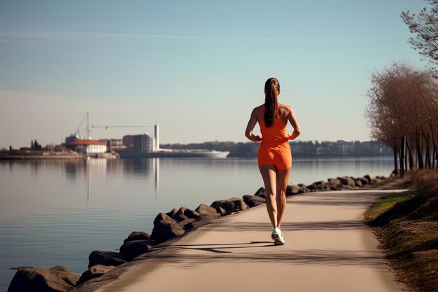 Woman in an orange tracksuit jogging in the park overlooking the city