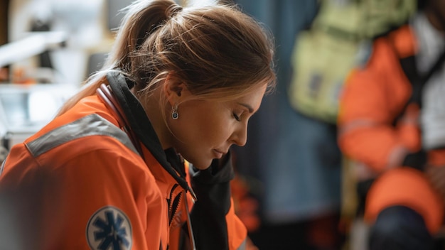 A woman in an orange uniform with the words paramedic on her face