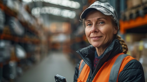 a woman in an orange vest is standing in front of a large warehouse