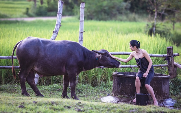 Woman Outdoor bathing, Thailand countryside