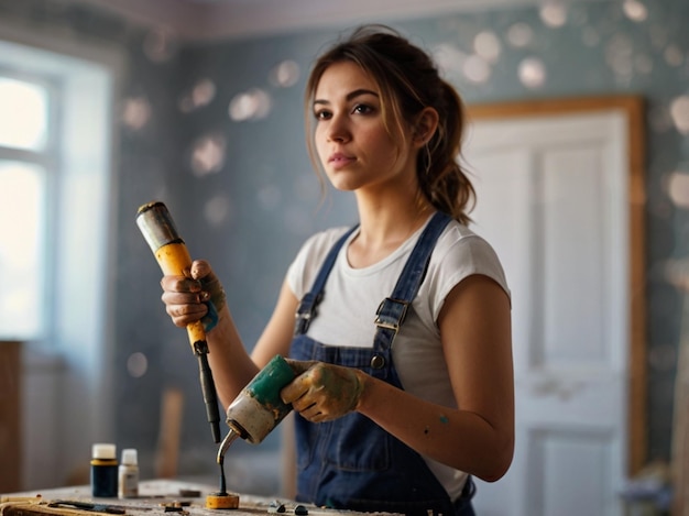 a woman in overalls with a paint brush in her hand