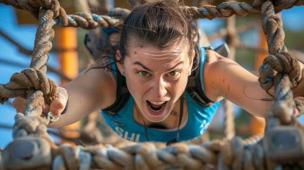 A woman overcoming a challenging obstacle course with determination and triumph