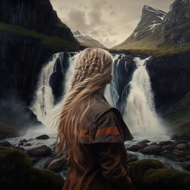 Woman overlooking waterfall Illustration AI Generative