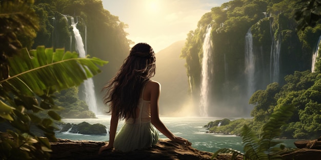 Woman overlooking waterfall with greenery around realistic 8k