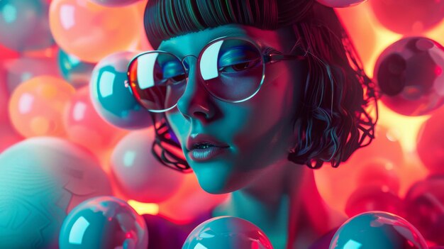 A woman in oversized glasses is enveloped in colorful glowing orbs exuding a futuristic and dreamlike ambiance