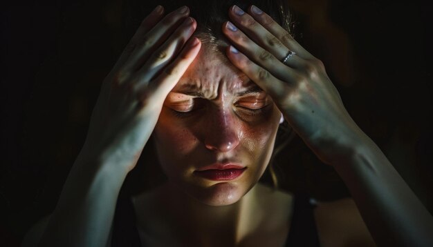 Photo woman overwhelmed by stress in dim light