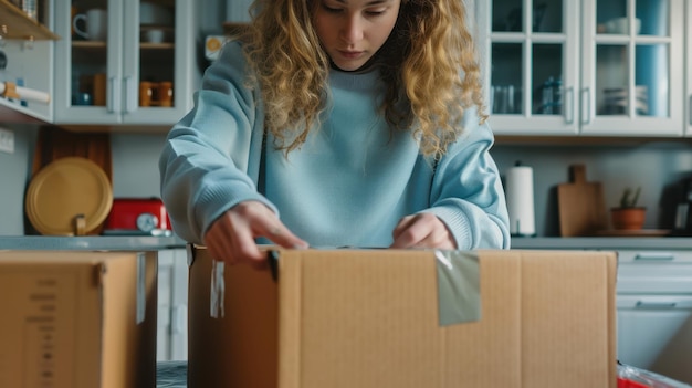 Photo the woman packing boxes