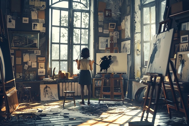 Woman painting in an art studio with passion