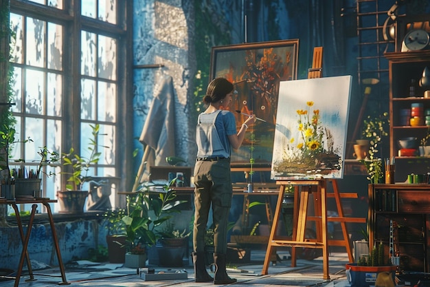 A woman painting a canvas in her studio