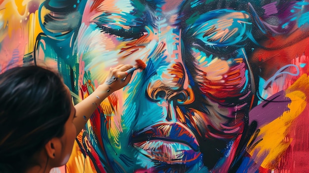 A woman painting a colorful mural of a womans face on a brick wall