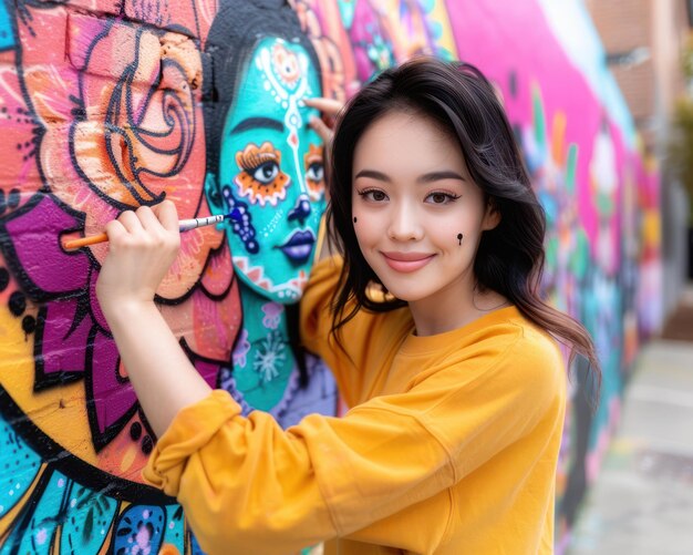 Photo woman painting a mexicanthemed mural celebrating cinco de mayo a stunning artistic expression on