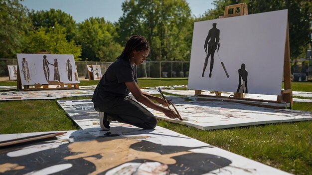 Photo a woman painting a picture of a man painting on a canvas