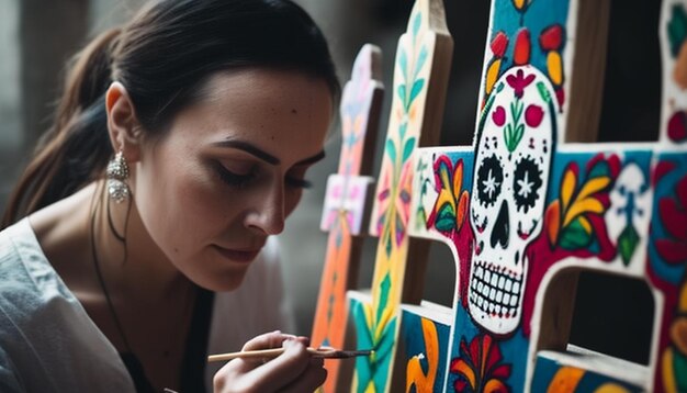 Photo a woman painting a skull with a pencil and a picture of a skull