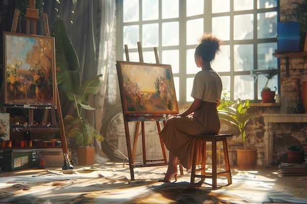 Woman painting in a sunlit studio