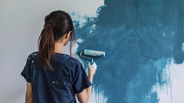 woman painting a wall with a roller brush dipped in deep blue paint her navy shirt and ponytail hair tie contrasting against the canvas backdrop in a focused behindthescenes perspective