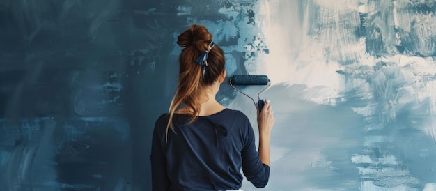 Photo woman painting a wall with a roller