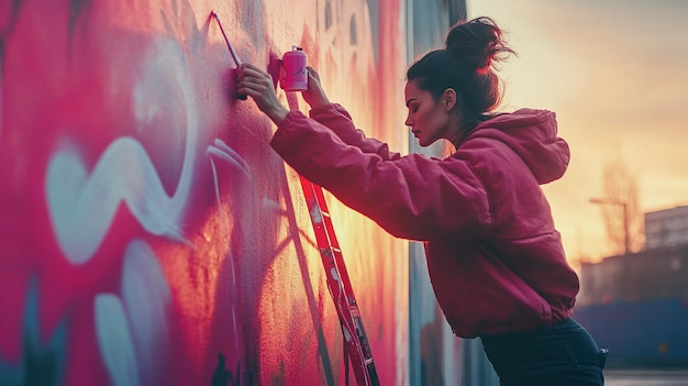 Photo a woman painting a wall with a spray painted on it