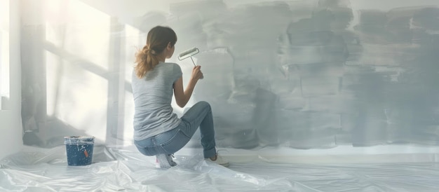 Photo woman painting a wall