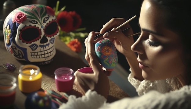 Photo a woman paints a skull with a painted face