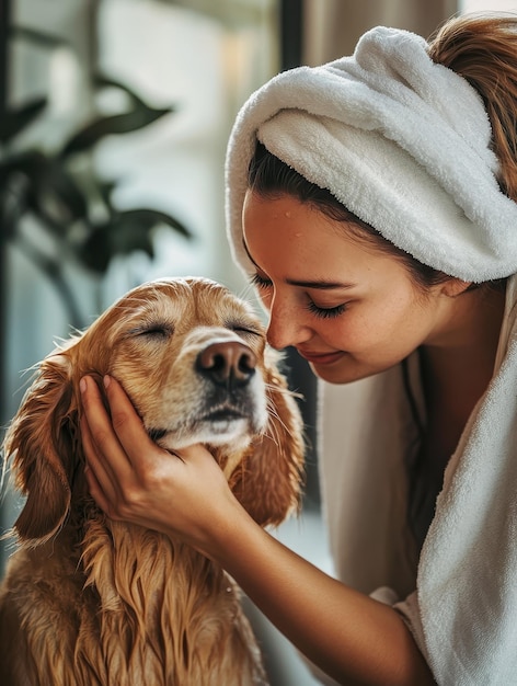 Photo woman pampering her dog with a luxurious spa day at home