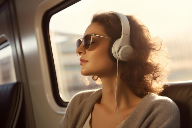 Photo a woman passenger wearing headphones on the train bokeh style background