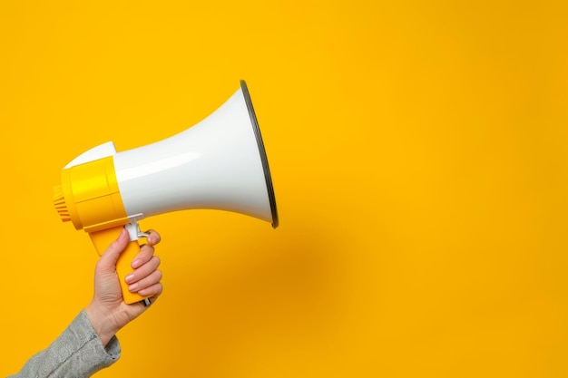 A woman passionately holds a megaphone against a vibrant yellow background