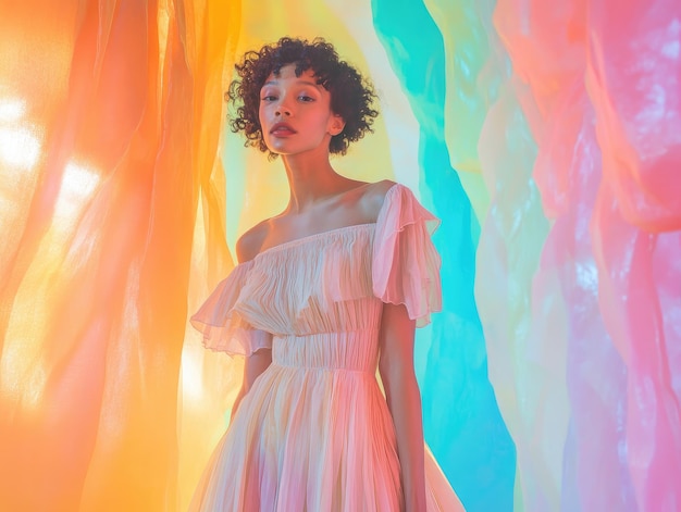 Photo a woman in a pastel dress stands in front of a colorful backdrop ar 43 v 61 job id c8efb0dbaa7a426188adacef14118d23