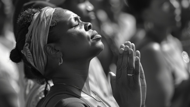 A woman peacefully prays with closed eyes to express gratitude on Juneteenth