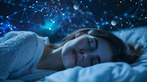 Photo a woman peacefully sleeps while digital constellations and glowing dots swirl above her