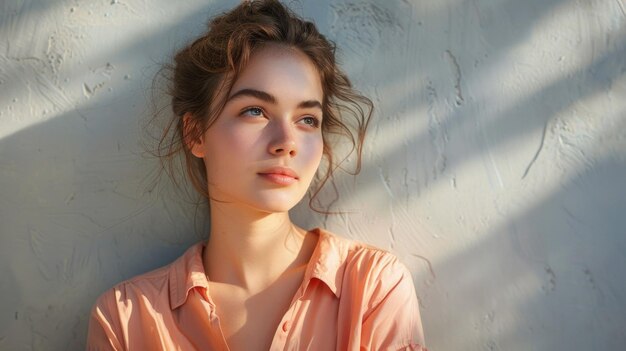 Woman in a peachcolored blouse against a light gray wall