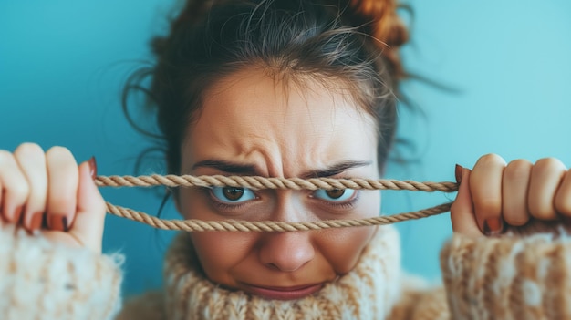 Woman peering over rope with a playful frown