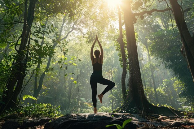 A woman performs a yoga pose in a tranquil forest setting bathed in sunlight promoting health and mindfulness