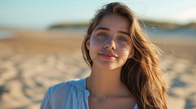 Woman in a periwinkle blouse against a sandy beach