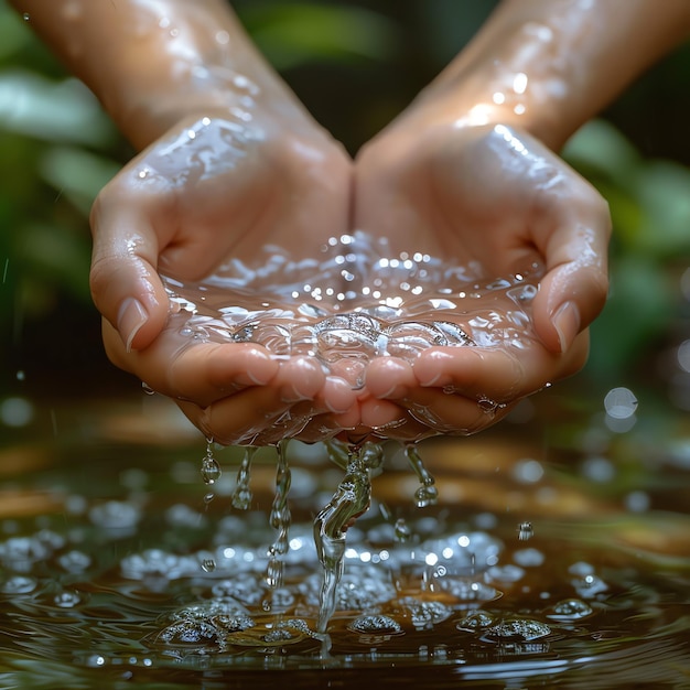 Photo a woman person holding or washing hands in a sink with clear water soap bubbles and water splashing