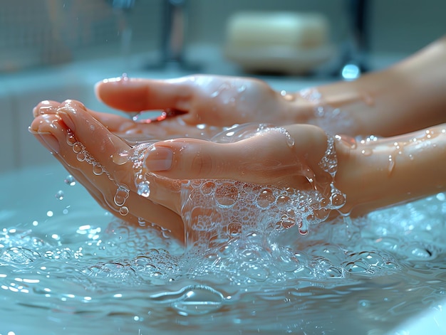 Photo a woman person holding or washing hands in a sink with clear water soap bubbles and water splashing