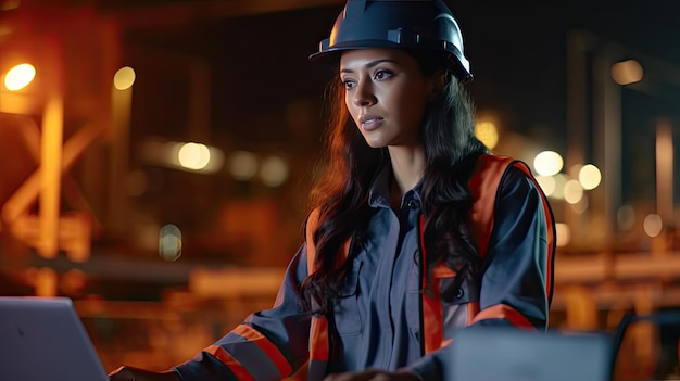 Woman petrochemical engineer working at night with laptop Inside oil and gas refinery plant industry factory at night for inspector safety quality control Generative AI